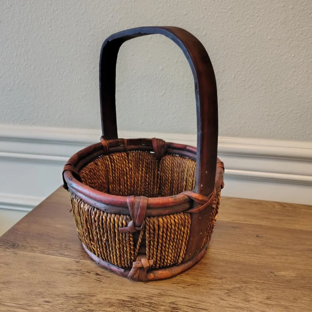 Vtg Chinese Woven Willow Bentwood Rice Gathering Basket Small Home Decor Basket
